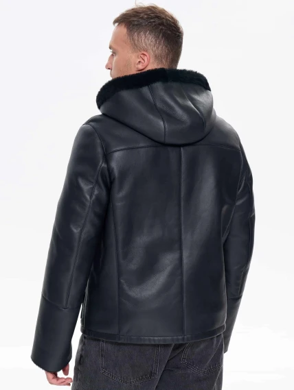 Короткая мужская дубленка с капюшоном премиум класса 441, черная, размер 48, артикул 41230-5