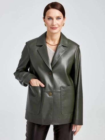Кожаный женский пиджак премиум класса 3016, оливковый, размер 54, артикул 91630-4