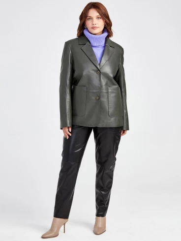 Кожаный женский пиджак премиум класса 3016, оливковый, размер 54, артикул 91581-3