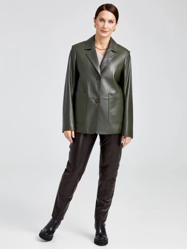 Кожаный женский пиджак премиум класса 3016, оливковый, размер 54, артикул 91630-5
