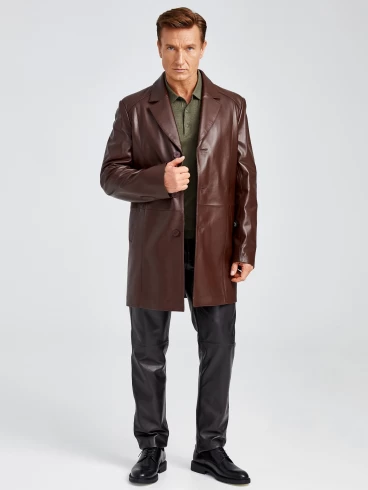 Кожаный пиджак удлиненный премиум класса для мужчин 541, коричневый, размер 48, артикул 29532-3