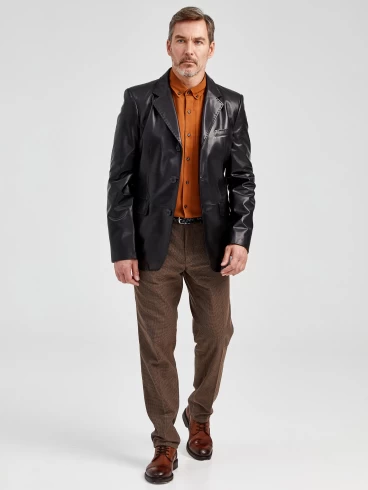 Мужской кожаный пиджак на ручном стежке премиум класса 543, черный, размер 48, артикул 28952-6