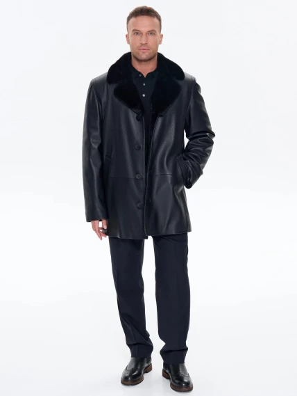 Зимняя кожаная куртка с норковым воротником для мужчин премиум класса 21/1мех, черная, размер 50, артикул 41170-2