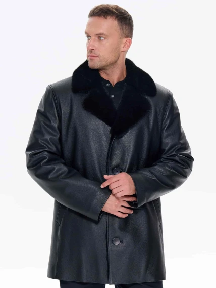 Зимняя кожаная куртка с норковым воротником для мужчин премиум класса 21/1мех, черная, размер 50, артикул 41170-4