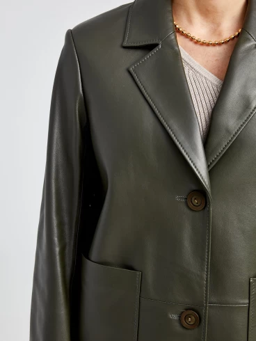 Кожаный женский пиджак премиум класса 3016, оливковый, размер 54, артикул 91630-6