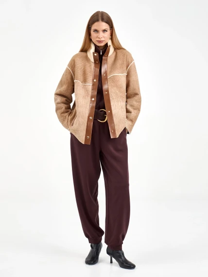 Короткая женская дубленка 2074, бежевая, размер 44, артикул 65250-6