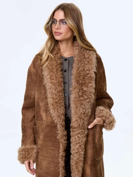 Длинная дубленка из натуральной овчины тиградо для женщин премиум класса 2020, светло-коричневая, размер 44, артикул 62470-2
