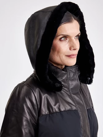 Комбинированная женская кожаная куртка с капюшоном 3030-1