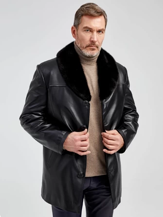Мужская зимняя кожаная куртка с норковым воротником премиум класса 534мех-0