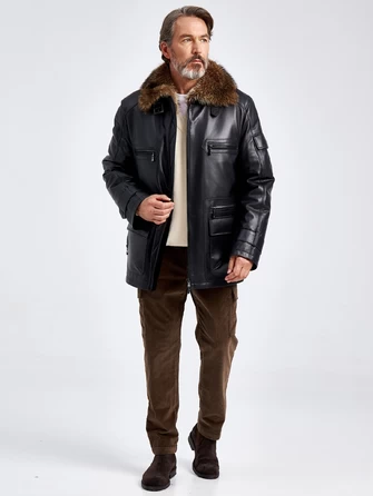 Зимняя мужская кожаная куртка с воротником меха енота 514-1