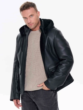 Короткая мужская дубленка с капюшоном премиум класса 441-1