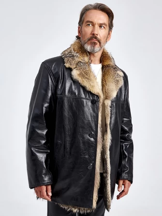 Зимняя мужская кожаная куртка на подкладке из меха лисицы Делон 1-0