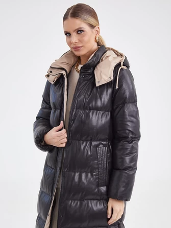 Черное кожаное пальто с капюшоном премиум класса женское 3024-1