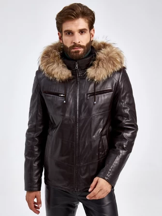 Кожаная зимняя мужская куртка с капюшоном на подкладке из овчины 4273-0
