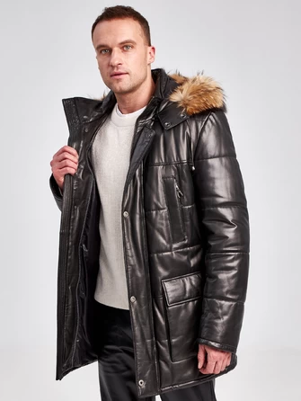 Кожаная утепленная мужская куртка аляска с капюшоном и мехом енота 5619-0