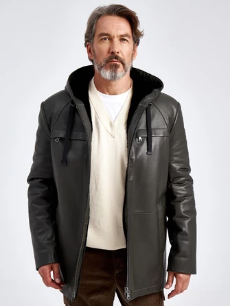 Кожаная утепленная мужская куртка с капюшоном премиум класса 552ш-0