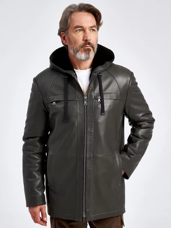 Кожаная утепленная мужская куртка с капюшоном премиум класса 552ш-1