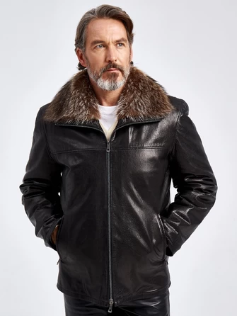 Зимняя мужская кожаная куртка на подкладке из овчины с мехом енота 5319-0