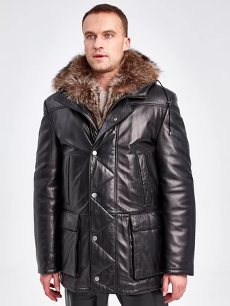 Кожаная утепленная куртка аляска с капюшоном и мехом енота для мужчин 5471-0