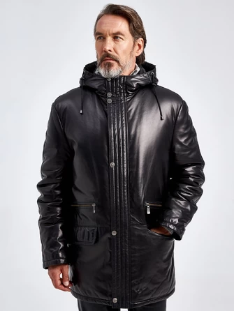 Утепленная мужская кожаная куртка с капюшоном 512-0