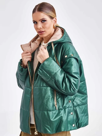 Утепленная женская кожаная куртка оверсайз с капюшоном премиум класса 3023-0